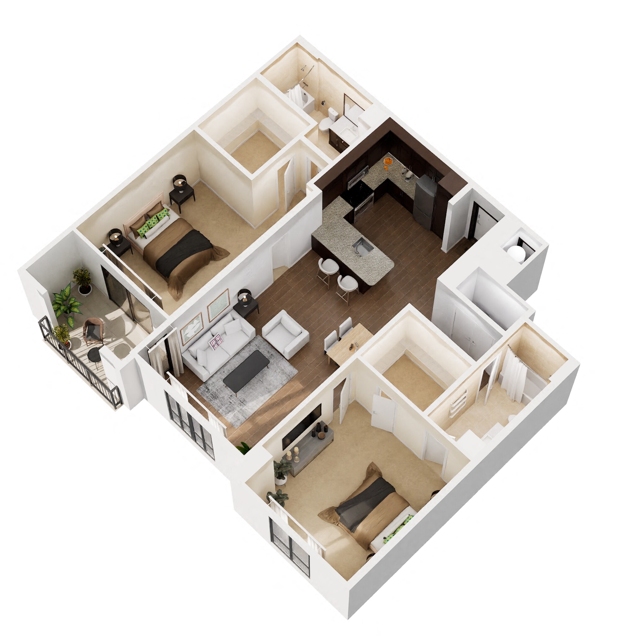 Floor plan for 2 beds, 2 baths, 1212 sqft