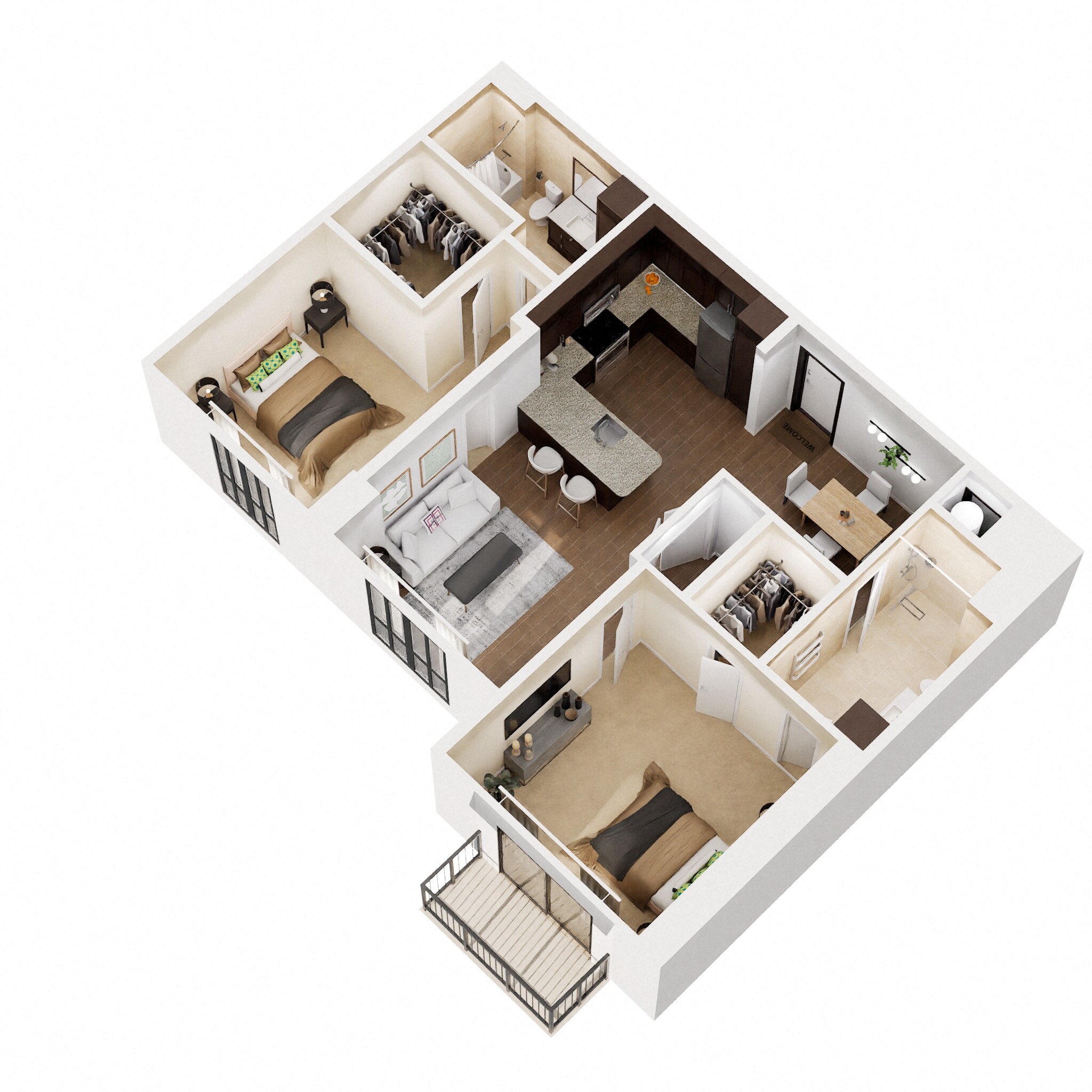 Floor plan for 2 beds, 2 baths, 1130 sqft