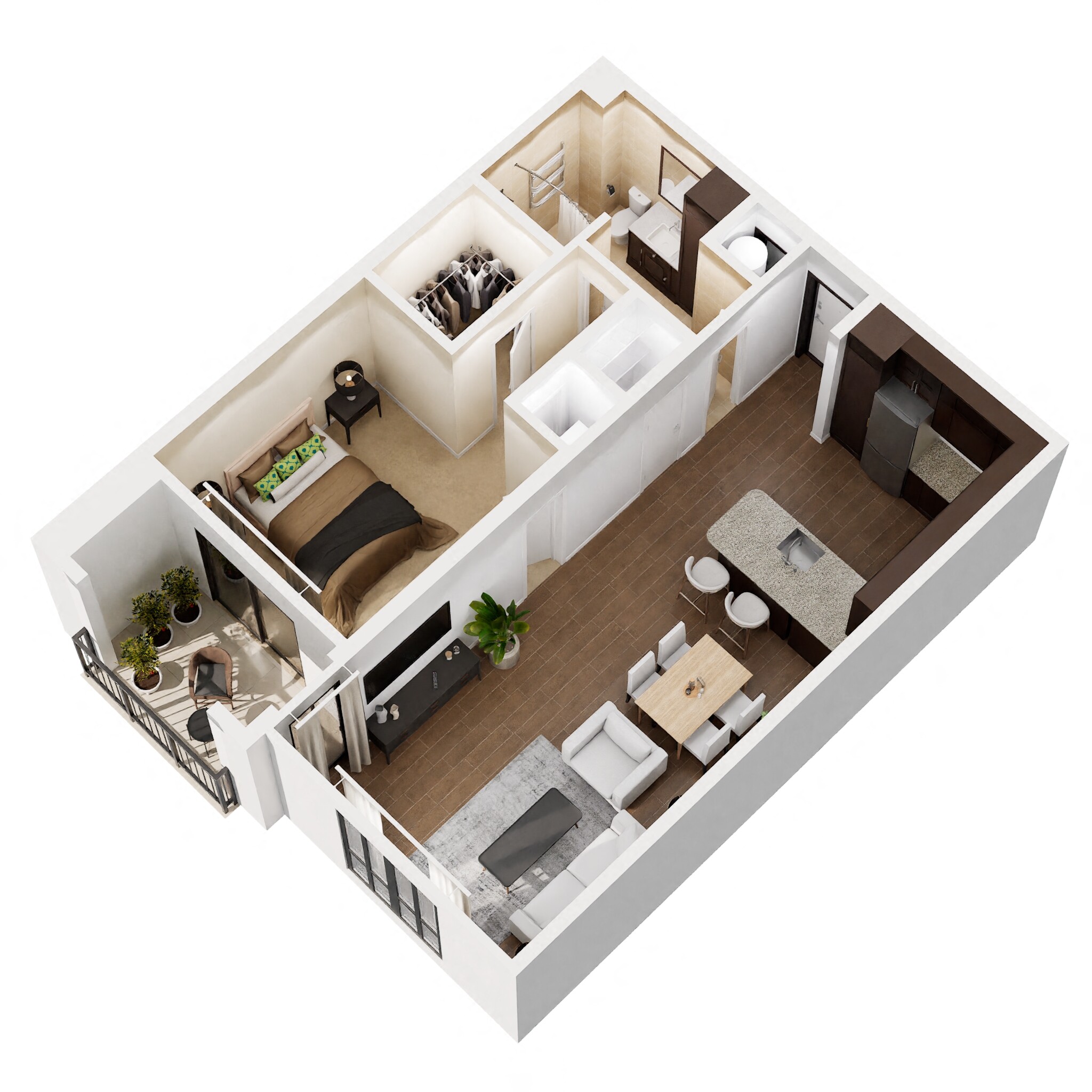 Floor plan for 1 bed, 1 bath, 835 sqft
