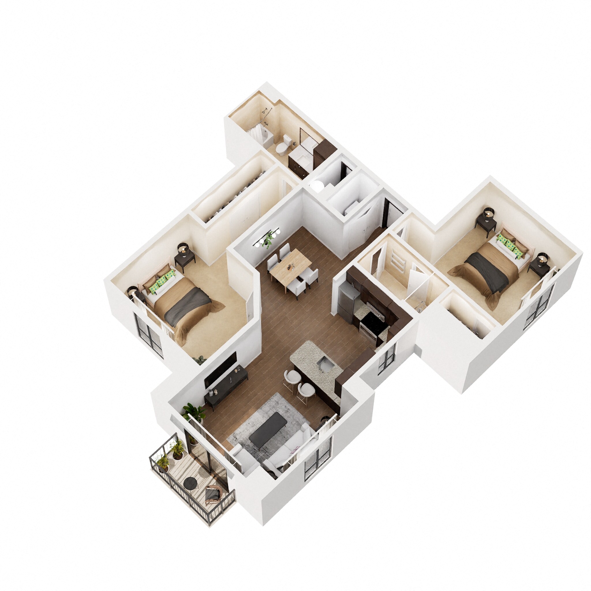Floor plan for 2 beds, 2 baths, 1215 sqft