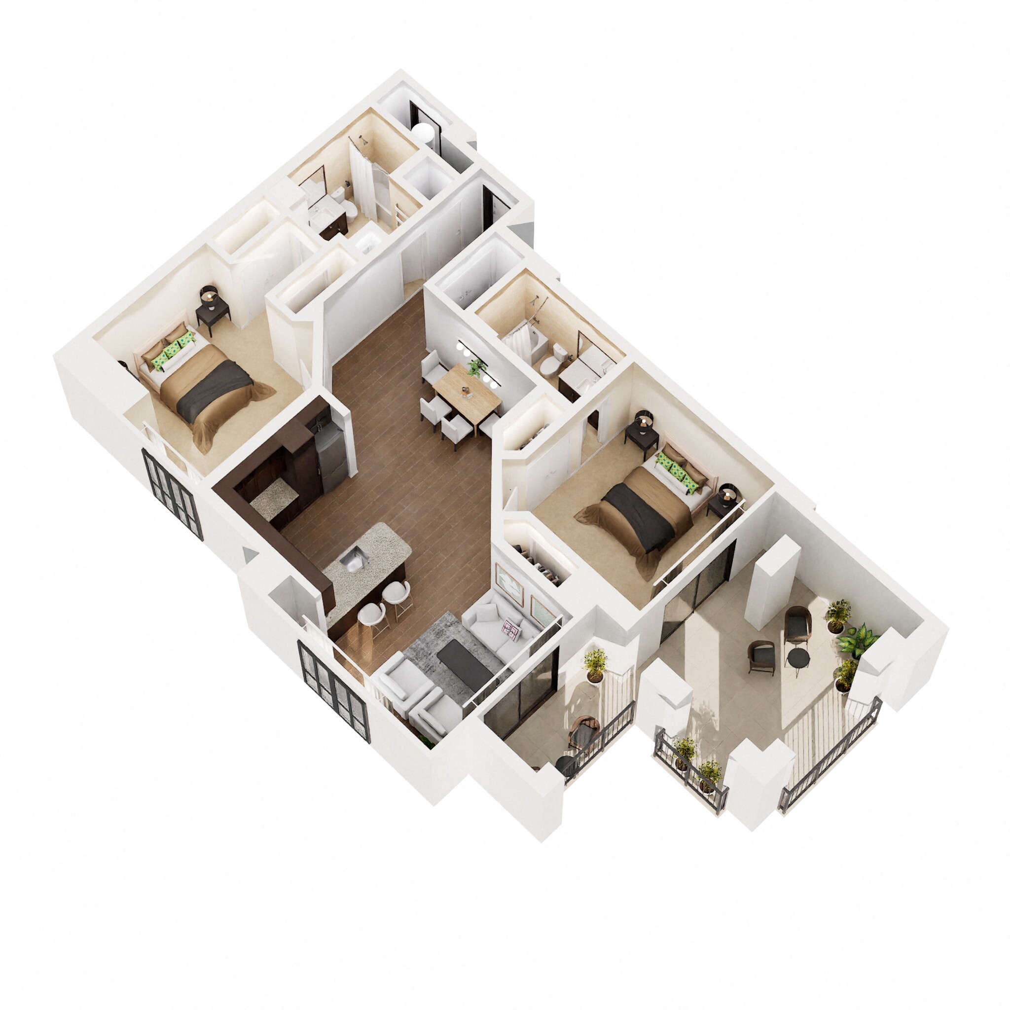 Floor plan for 2 beds, 2 baths, 1086 sqft