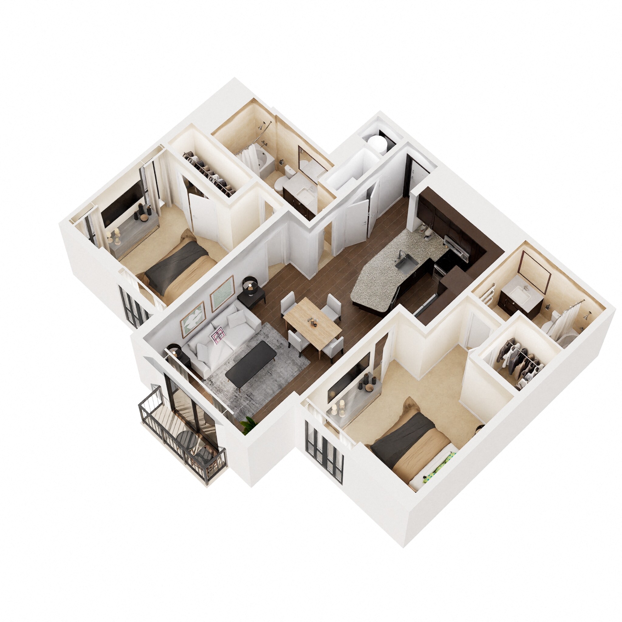 Floor plan for 2 beds, 2 baths, 1017 sqft