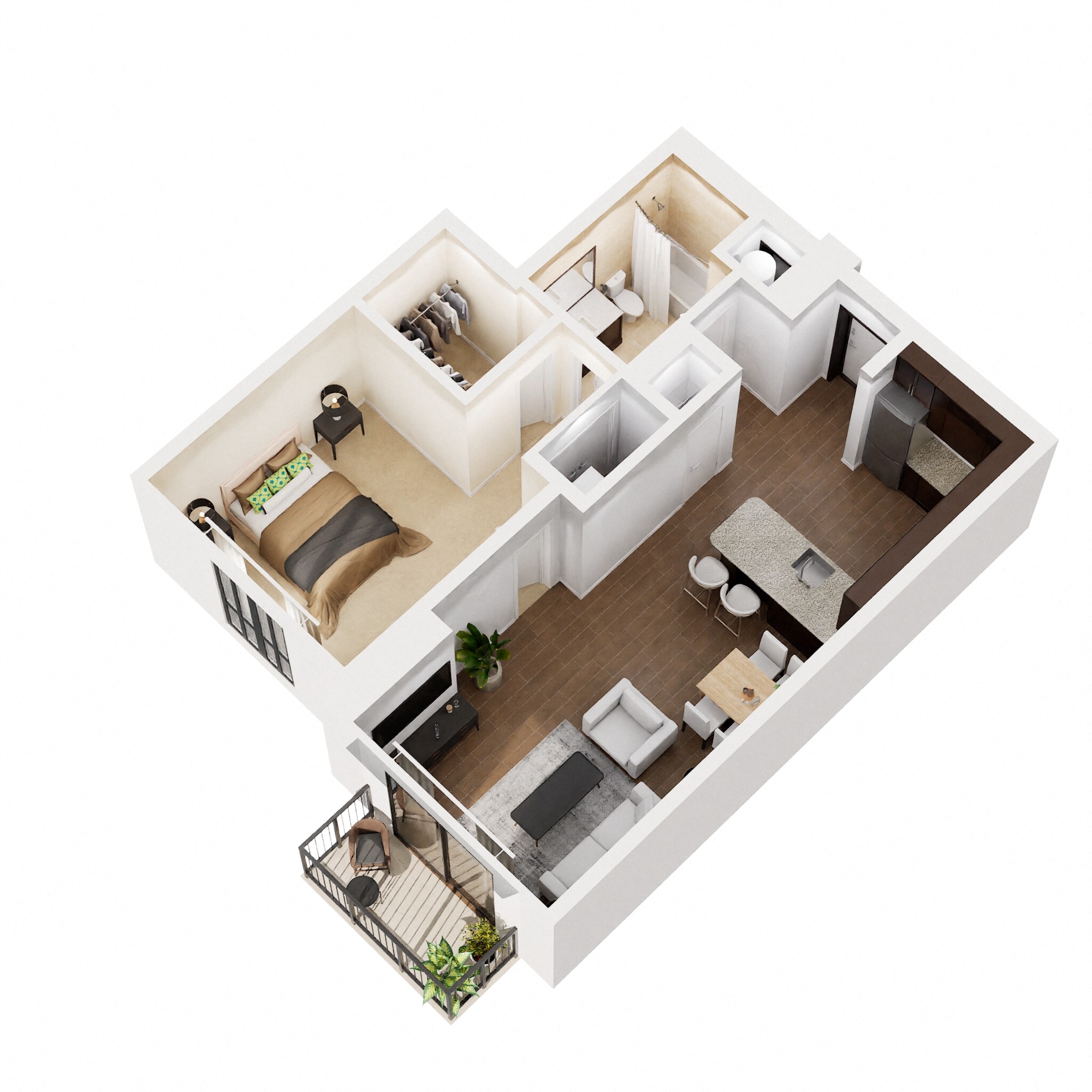 Floor plan for 1 bed, 1 bath, 768 sqft