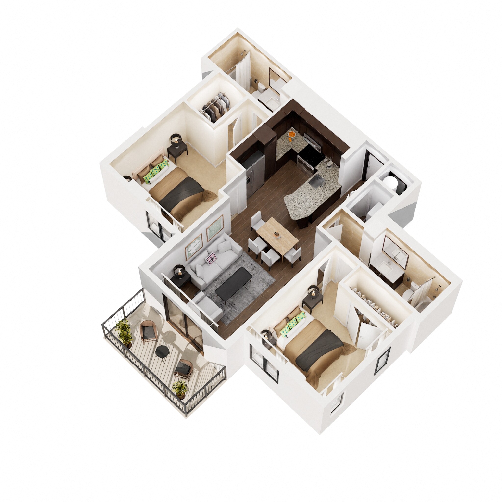 Floor plan for 2 beds, 2 baths, 1038 sqft