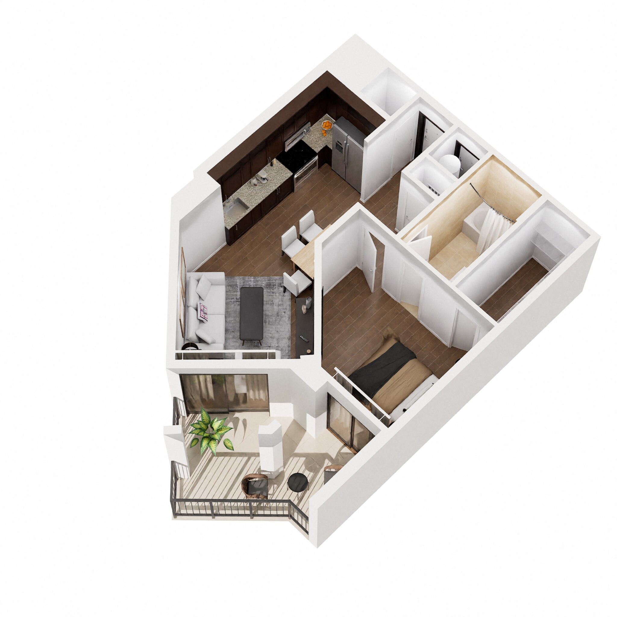 Floor plan for 1 bed, 1 bath, 623 sqft