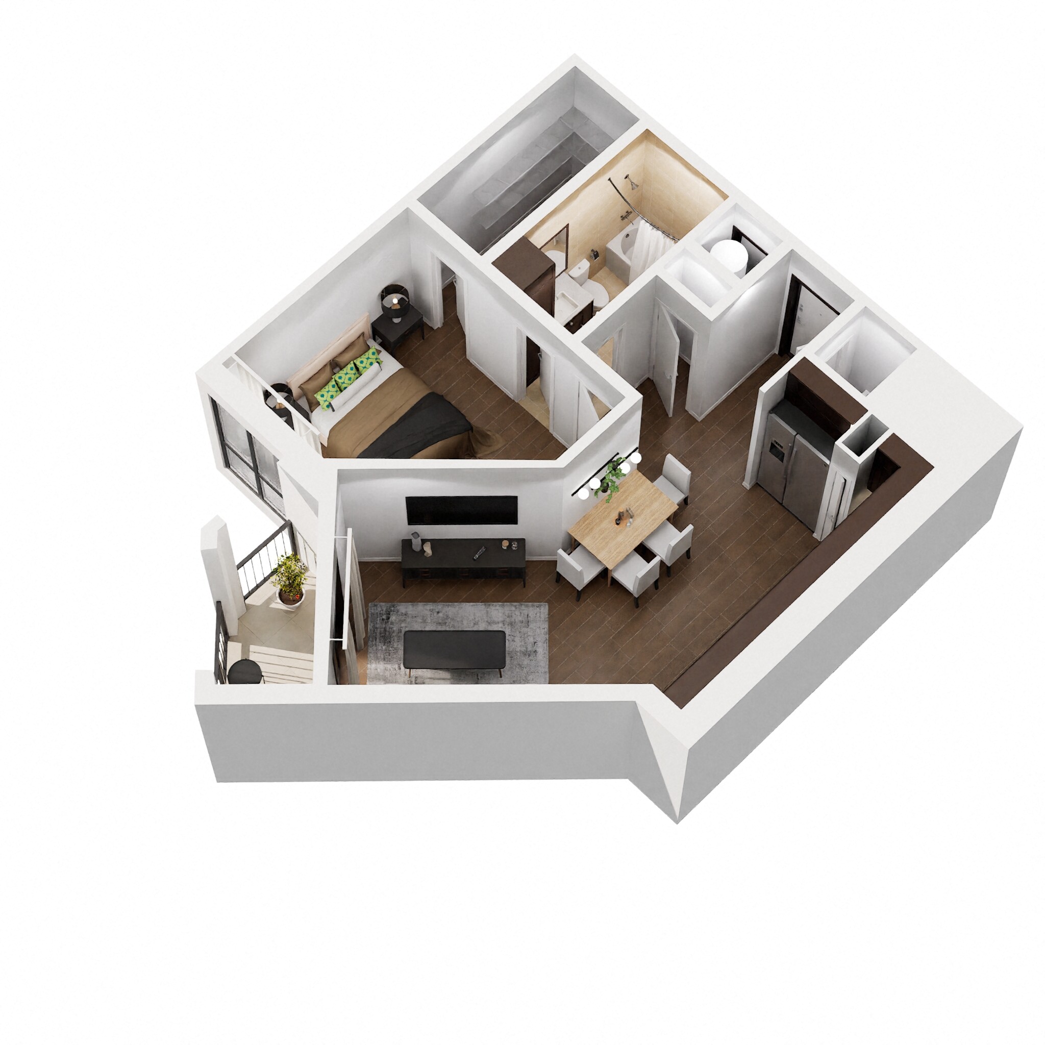 Floor plan for 1 bed, 1 bath, 659 sqft