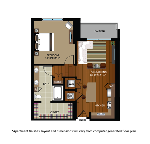 Floor plan for 1 bed, 1 bath, 829 sqft