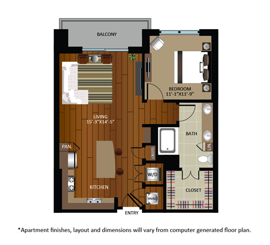 Floor plan for 1 bed, 1 bath, 833 sqft