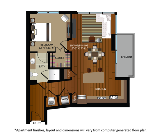 Floor plan for 1 bed, 1 bath, 844 sqft