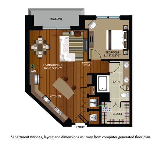 Floor plan for 1 bed, 1 bath, 856 sqft