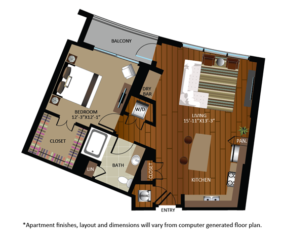 Floor plan for 1 bed, 1 bath, 892 sqft