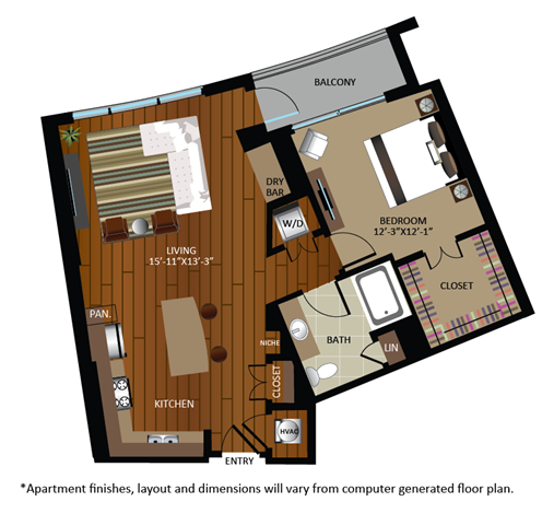Floor plan for 1 bed, 1 bath, 905 sqft