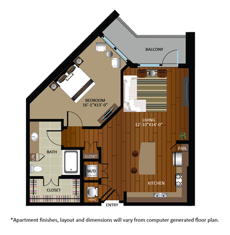 Floor plan for 1 bed, 1 bath, 909 sqft