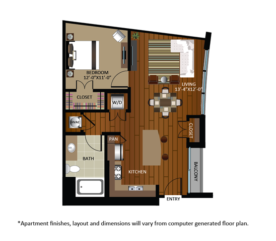 Floor plan for 1 bed, 1 bath, 730 sqft