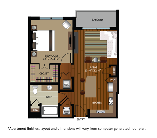 Floor plan for 1 bed, 1 bath, 744 sqft