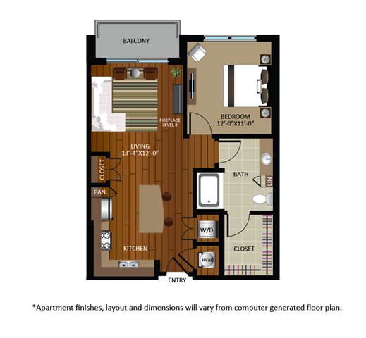 Floor plan for 1 bed, 1 bath, 756 sqft