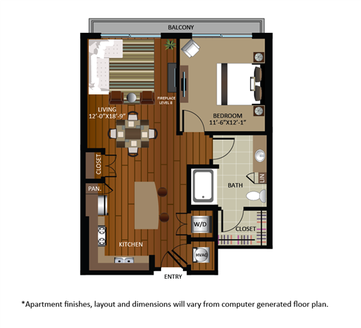 Floor plan for 1 bed, 1 bath, 760 sqft
