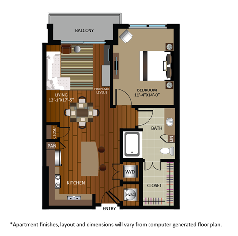 Floor plan for 1 bed, 1 bath, 795 sqft