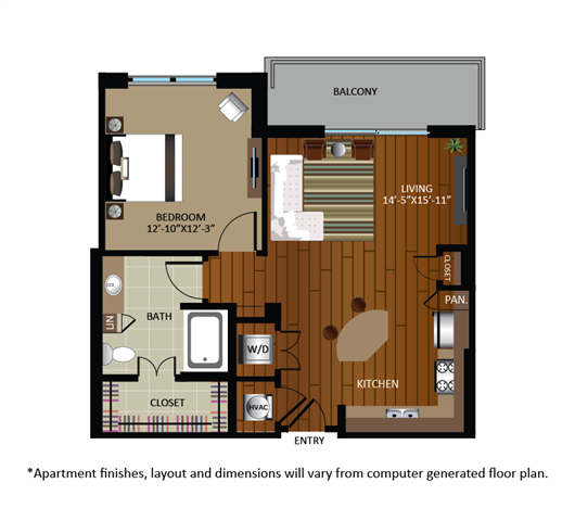 Floor plan for 1 bed, 1 bath, 802 sqft