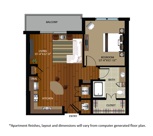 Floor plan for 1 bed, 1 bath, 809 sqft