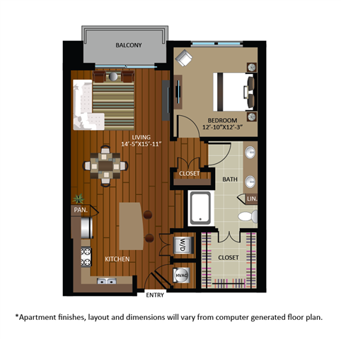 Floor plan for 1 bed, 1 bath, 816 sqft