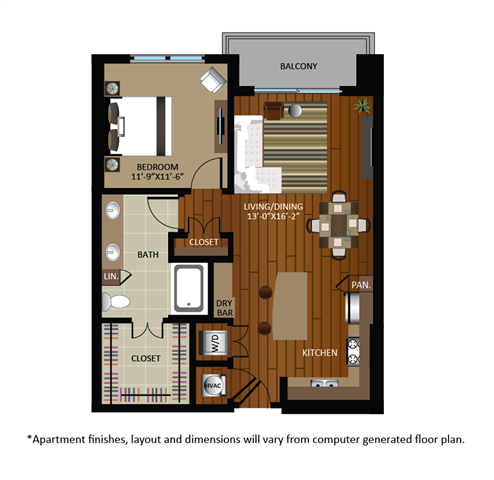 Floor plan for 1 bed, 1 bath, 827 sqft