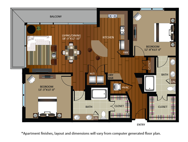 Floor plan for 2 beds, 2 baths, 1380 sqft
