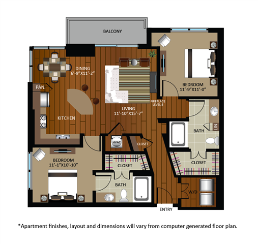 Floor plan for 2 beds, 2 baths, 1117 sqft