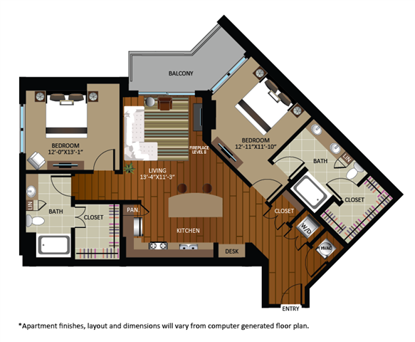 Floor plan for 2 beds, 2 baths, 1139 sqft