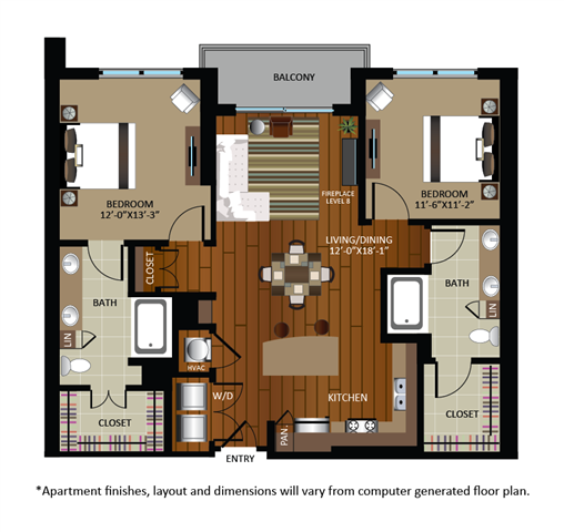 Floor plan for 2 beds, 2 baths, 1156 sqft