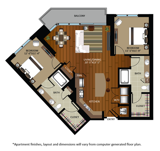 Floor plan for 2 beds, 2 baths, 1193 sqft