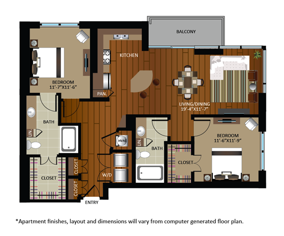 Floor plan for 2 beds, 2 baths, 1202 sqft