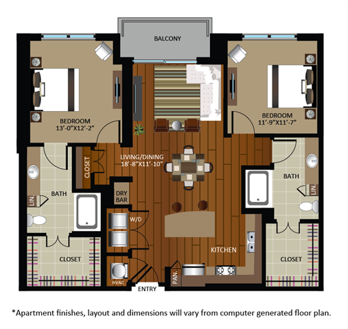 Floor plan for 2 beds, 2 baths, 1212 sqft
