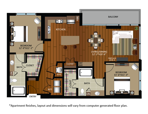 Floor plan for 2 beds, 2 baths, 1238 sqft