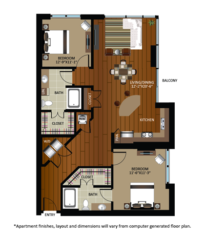 Floor plan for 2 beds, 2 baths, 1324 sqft