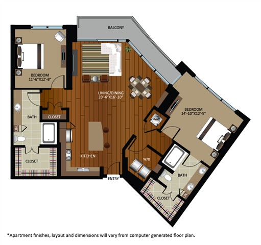 Floor plan for 2 beds, 2 baths, 1380 sqft