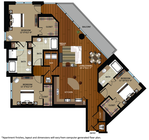 Floor plan for 3 beds, 3 baths, 1830 sqft