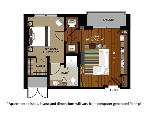 Floor plan for 1 bed, 1 bath, 592 sqft