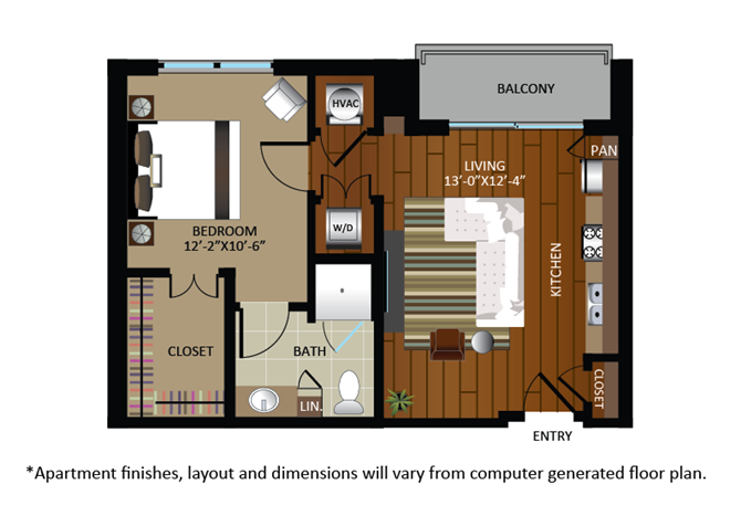 Floor plan for 1 bed, 1 bath, 619 sqft