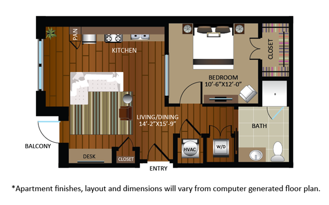 Floor plan for 1 bed, 1 bath, 631 sqft