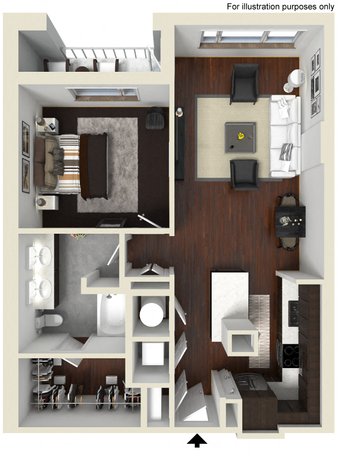 Floor plan for 1 bed, 1 bath, 870 sqft