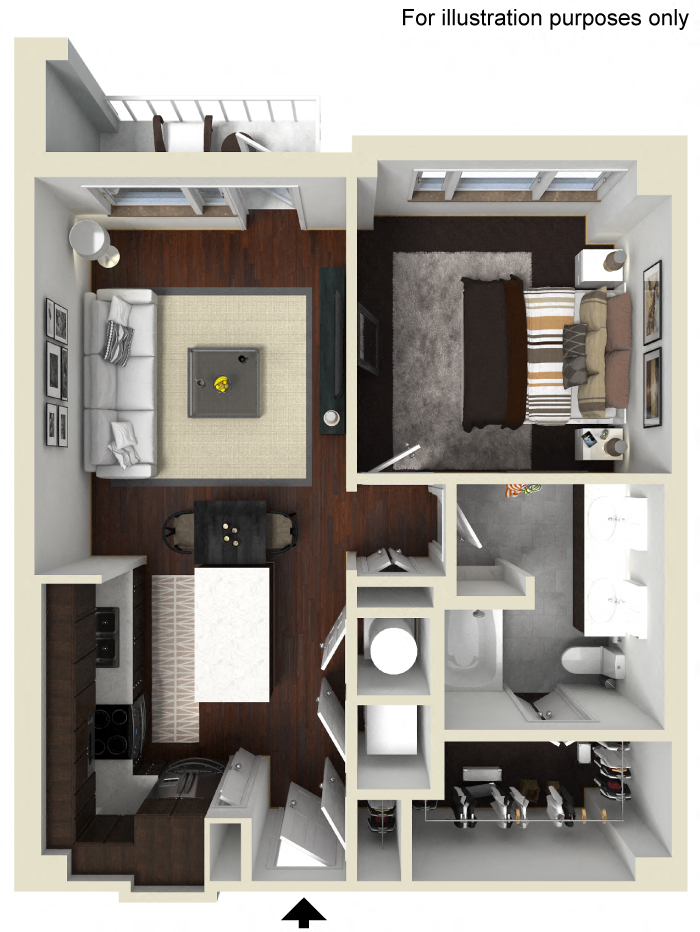 Floor plan for 1 bed, 1 bath, 808 sqft