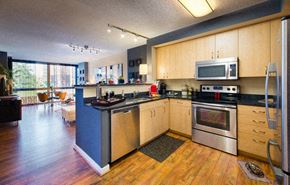 Washington apartment for rent - a kitchen with an island and a stove and a microwave