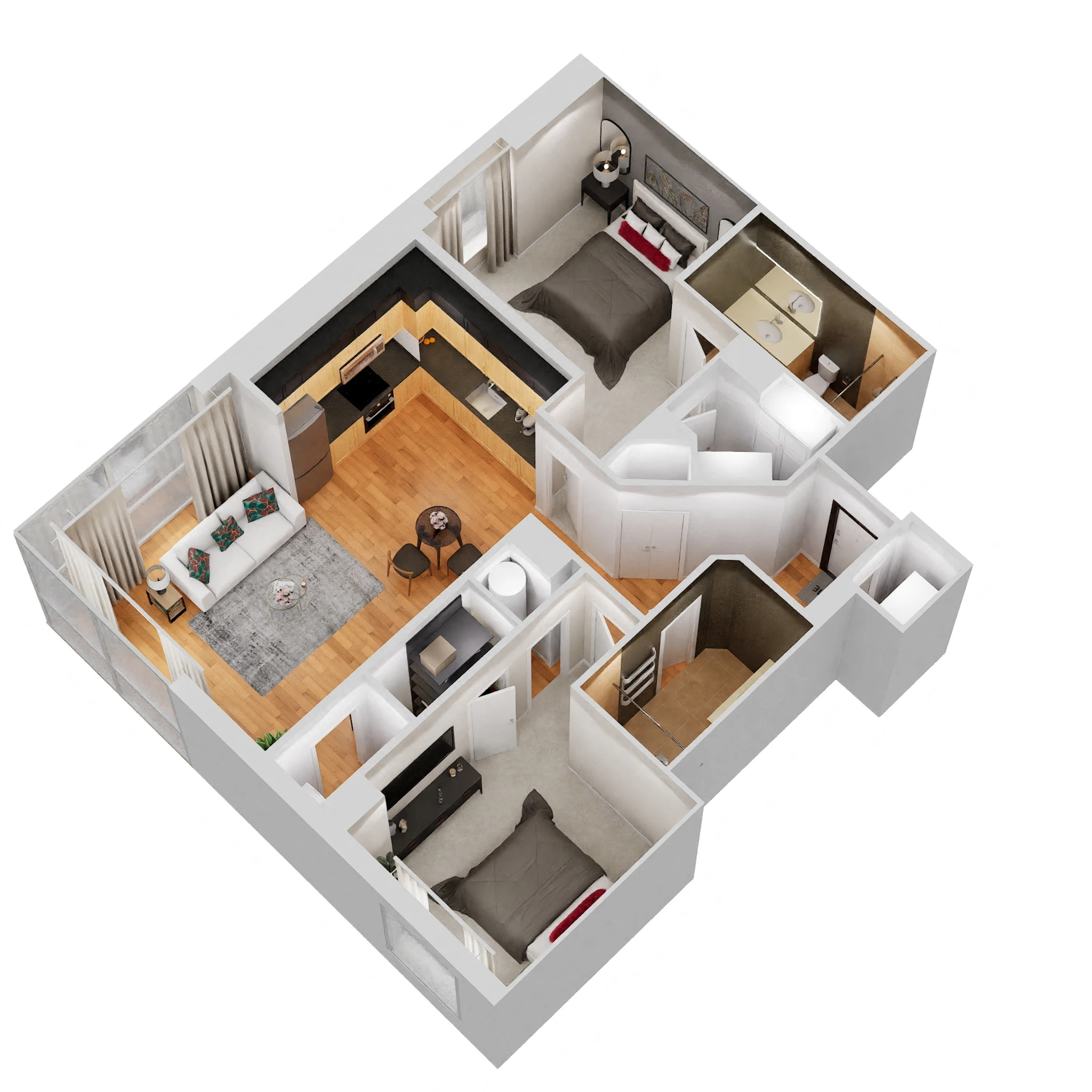 Floor plan for 2 beds, 2 baths, 908 sqft