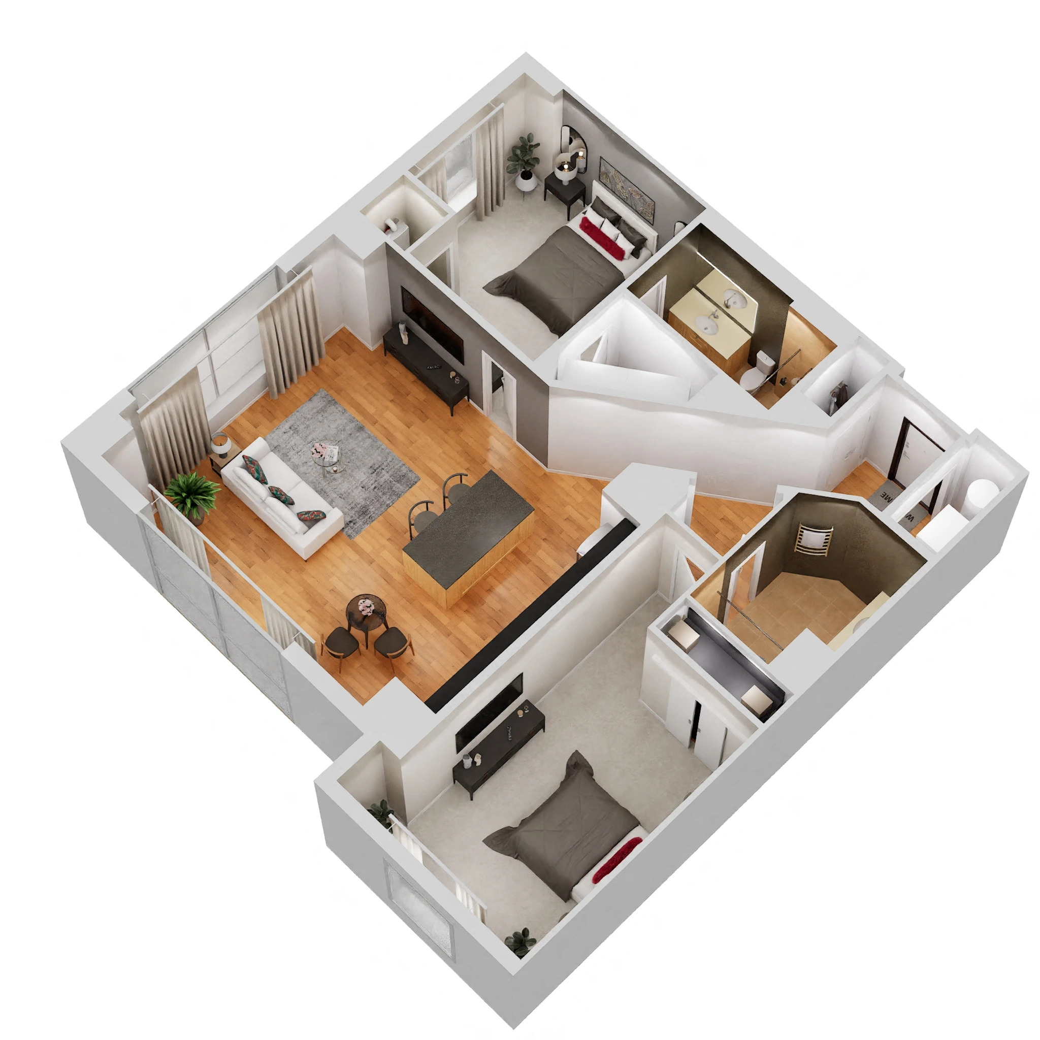 Floor plan for 2 beds, 2 baths, 1049 sqft