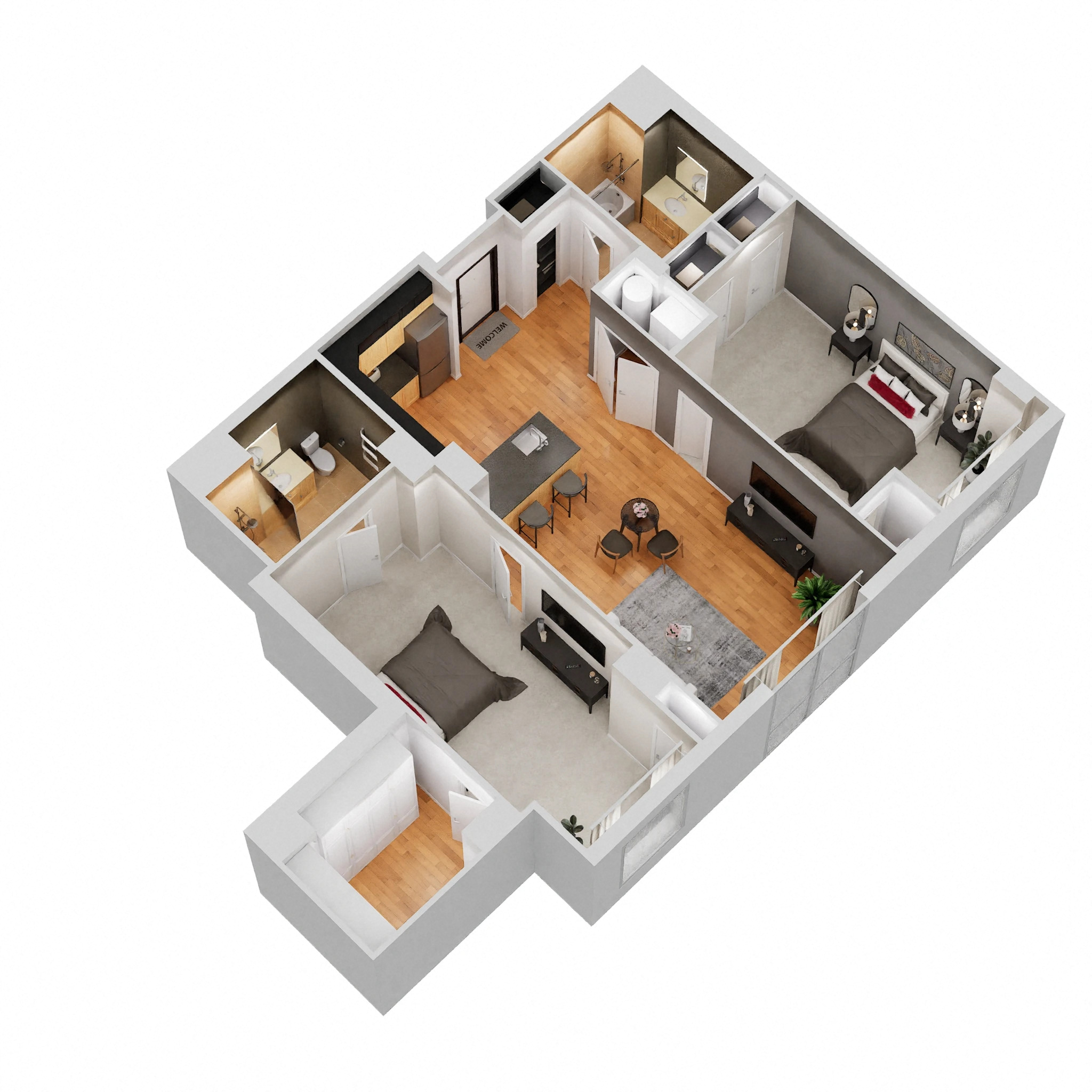Floor plan for 2 beds, 2 baths, 1089 sqft