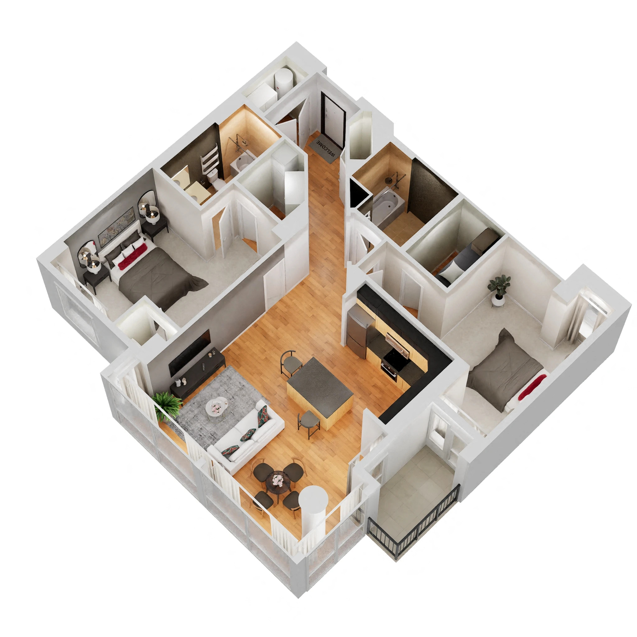 Floor plan for 2 beds, 2 baths, 1166 sqft