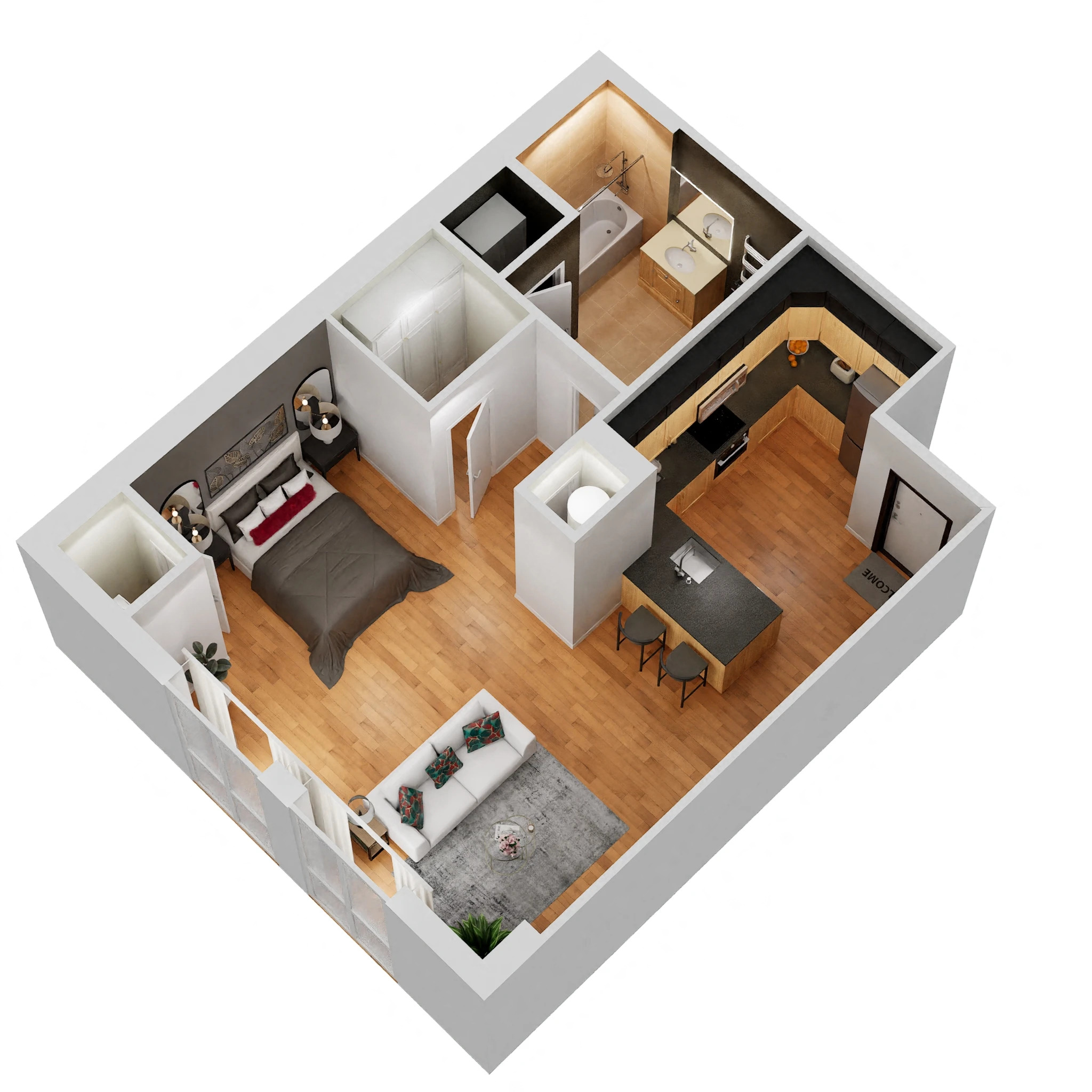Floor plan for studio, 1 bath, 600 sqft