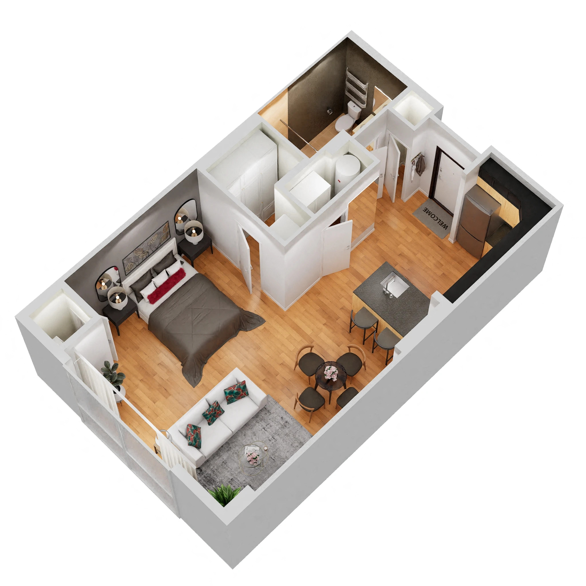 Floor plan for studio, 1 bath, 619 sqft