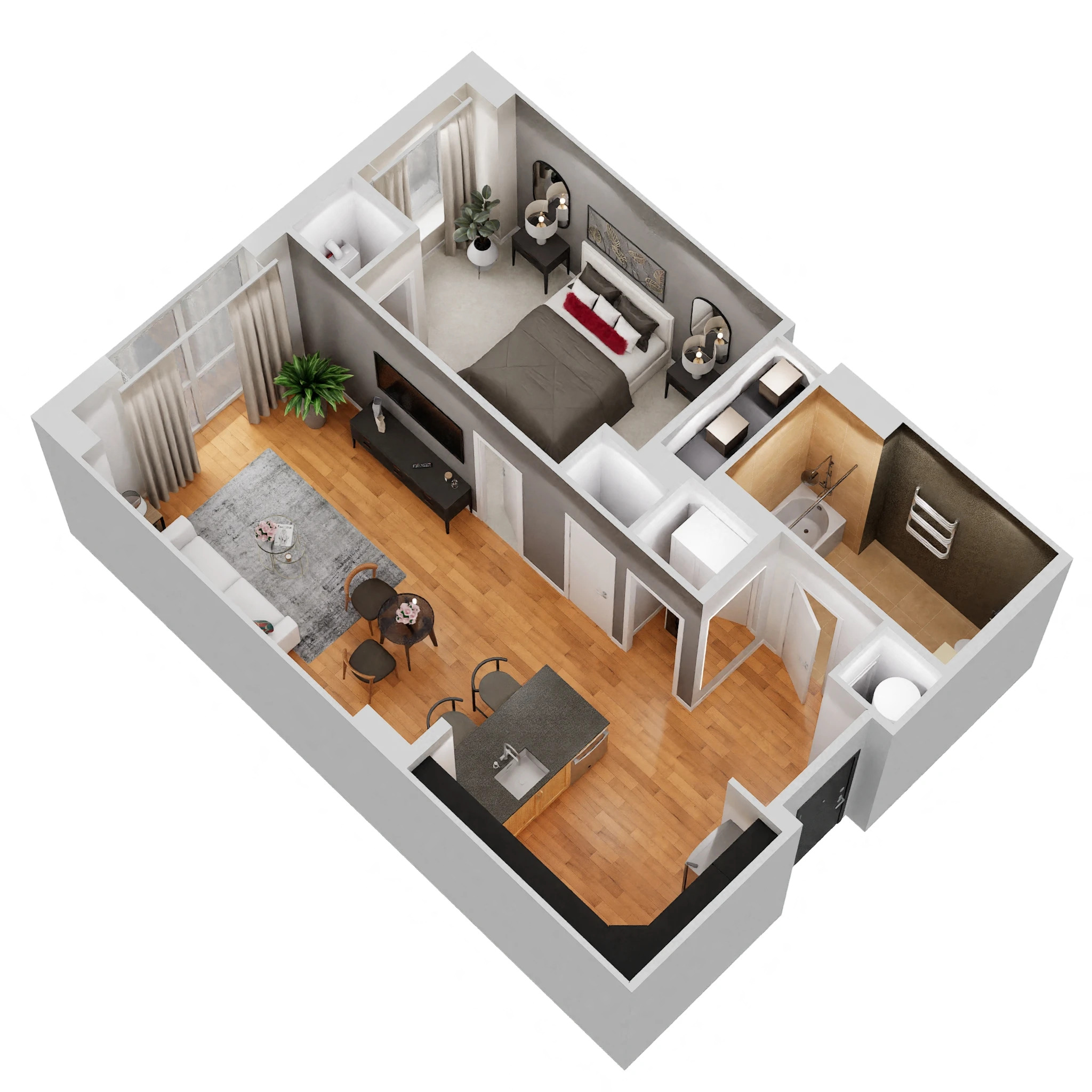 Floor plan for 1 bed, 1 bath, 637 sqft